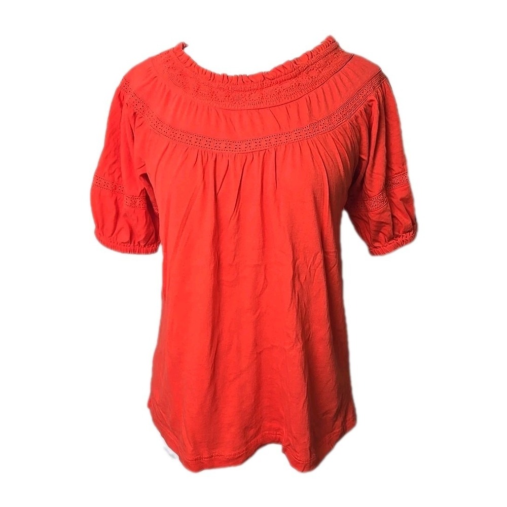 LOFT Ann Tayor Orange 100% Cotton Jersey Balloon Sleeve Crochet Trim Top XS